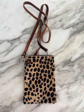 Leather CellPhone Leopard Print Crossbody Bag with Brown Leather Strap NWOT